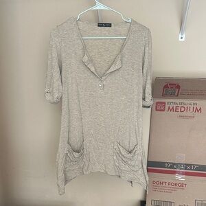 Kim & Cami Taupe Beige Henley Pocket Tunic